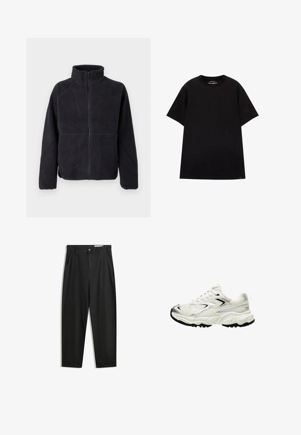 Crna zip-jakna od flisa s dugim rukavima i visokim ovratnikom, izrađena od meke, teksturirane tkanine, prikazana na jednostavnoj bijeloj pozadini.; PULL&BEAR JOIN LIFE - Osnovna majica kratkih rukava - black; Crne pamučne hlače s opuštenim krojem, s klasičnim pojasom, prednjim nabranjima i bočnim džepovima. Glatka tekstura bez uzoraka.; Bijele tenisice s mrežastim gornjim dijelom, srebrnim naglascima, crnim potplatom i teksturiranim panelima. Imaju vezivanje na vezice i zaobljen oblik prstiju.