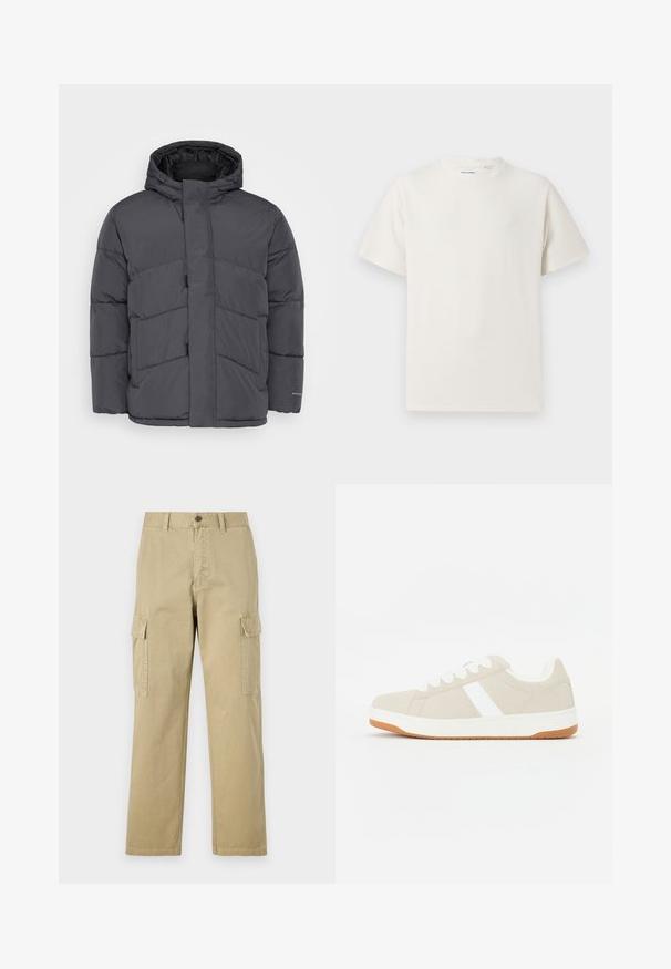 Jack & Jones JJWORLD PUFFER JACKET - Winter jacket - asphalt; White short-sleeve T-shirt in a ribbed texture. Round neckline, relaxed fit, no visible patterns or accents. Simple and versatile design.; Beige cargo pants made of cotton, featuring two side pockets, a button closure, and straight legs with a slightly textured fabric.; Beige sneaker with white accents, suede texture, rounded shape, lace-up design, and a contrasting gum rubber outsole.