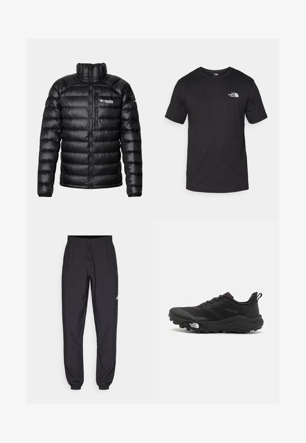 Sort puffjakke med høj krave, lynlåslukning foran og logo på brystet. Har quiltede, blanke paneler og elastiske manchetter.; Sort kortærmet t-shirt lavet af bomuld, med rund halsudskæring og et lille hvidt logo på den øverste venstre brystområde.; Sorte atletiske bukser lavet af letvægtsstof, med en snor i taljen, sidelommer og tapered manchetter ved anklerne.; Sort trail løbesko med en struktureret overdel, gummisål og forstærket tåhætte. Har en polstret krave og en pull-tab til nem påtagning.
