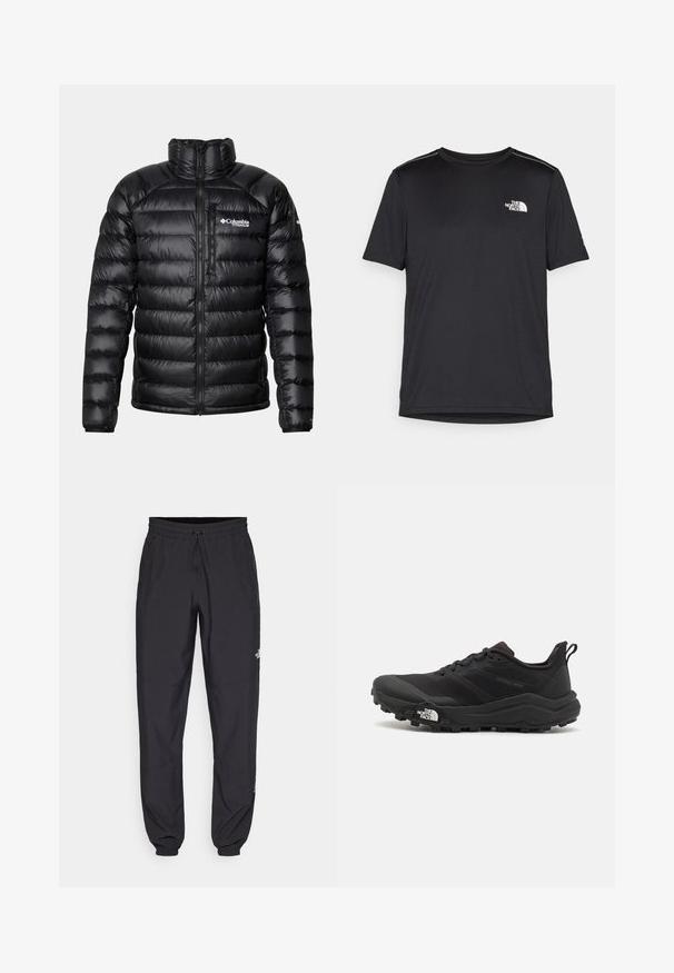 Crna puf jakna s visokim ovratnikom, zatvaračem sprijeda i logotipom na prsima. Ima kvadratne, sjajne panele i elastične manžete.; Crna majica kratkih rukava izrađena od lagane tkanine. Ima mali bijeli logo na lijevoj strani grudi i suptilne naglaske na ramenima.; Crne sportske hlače od lagane tkanine, s pojasom na vezanje, bočnim džepovima i suženim manžetama na gležnjevima.; Crne trail trkačke cipele s teksturiranim gornjim dijelom, gumeni potplat i ojačana zaštita za prste. Imaju podstavljen ovratnik i trakicu za lakše obuvanje.