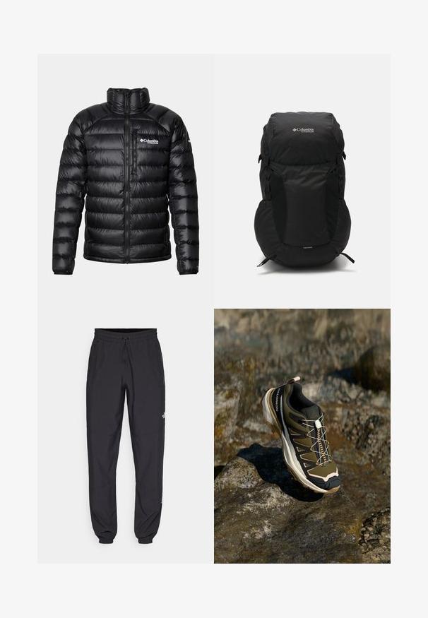 Čierna prešívaná bunda s vysokým golierom, zipsom na prednej strane a logom na hrudi. Obsahuje prešívané, lesklé panely a elastické manžety.; Čierne tričko s krátkym rukávom vyrobené z ľahkej tkaniny. Obsahuje malé biele logo na ľavej hrudi a jemné akcenty na pleciach.; Čierne športové nohavice vyrobené z ľahkej tkaniny, s elastickým pásom na šnurovanie, bočnými vreckami a zúženými manžetami na členkoch.; Turistická obuv v olivovo zelenej a čiernej farbe s ružovými akcentmi. Má textúrovaný zvršok, flexibilnú podrážku, vystuženú špičku a farebný systém šnurovania.; Čierny batoh s guľatým vrchom, vyrobený z odolnej tkaniny. Má bočné sieťované vrecká a označenie pre dáždnik na spodnej strane.