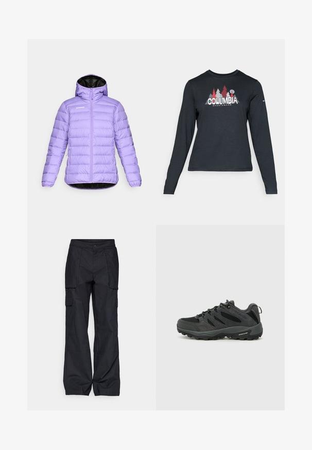 Lahki vijoličen puhovka s kapuco, prešita zasnova, sprednji zipper in črna notranja podloga. Logo je prikazan na prsnem delu.; Majica z dolgimi rokavi temno siva z grafiko rdečih dreves in gora; logotip "COLUMBIA" v krepki beli barvi. Mehka tkanina, standarden krojen ovratnik.; Columbia BREA FALLS™ COTTON RIPSTOP PANT - Hlače za na prostem - black; Columbia REDMOND - Pohodniški čevlji - black/citron haze