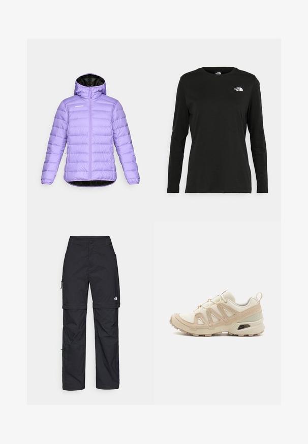 Lightweight purple puffer jacket with a hood, quilted design, front zipper, and black interior lining. Logo displayed on the chest.; Black long-sleeve t-shirt made of cotton with a round neck. Features a small white logo on the left chest area. Simple design and fit.; Black nylon zip-off cargo trousers with adjustable cuffs, multiple pockets, and a logo on the right leg. Smooth, lightweight texture.; Beige and cream athletic shoe with textured mesh upper, supportive overlays, and rubber outsole featuring a tread pattern for traction.