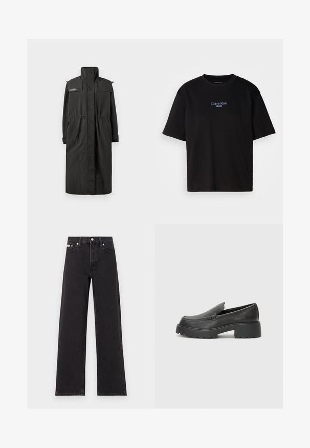 BOSS PARLENA - Vinterjakker - charcoal; Sort bomulds t-shirt med rund hals, korte ærmer og blåt broderet "Calvin Klein JEANS" logo på fronten.; Sorte vidde jeans lavet af denim, med høj talje, fem-lomme stil og en metalknap lukning med kontrasterende syninger.; Sorte læder loafers med rund tå, tyk tekstureret sål og minimale syninger. Elegant design uden synlige snørebånd eller hardware.