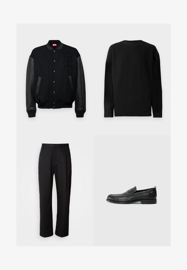 Musta varsity jakk, millel on villane keha, nahkvarrukad, esiküljel nööbid ja "DSL" tikand rinnal. Ribitud varrukasuu ja äärestus.; Must mustreidist pikkade varrukatega sviiter. Omab ümmargust kaelust ja sirget hemmi koos kitsaste mansettidega. Lihtne ja ühevärviline disain.; Mustad sirgedega mustad püksid, mis on valmistatud kerge kangaga. Omavad esist nupuga sulgemist ja kahte küljetaskut; sile tekstuur.; Mustad mustad nahast loafers tekstuuriga esipaneeli ja siledate külgedega. Omab peent kand ja tagumist silmust lihtsaks selga panemiseks. Klassikaline disain.