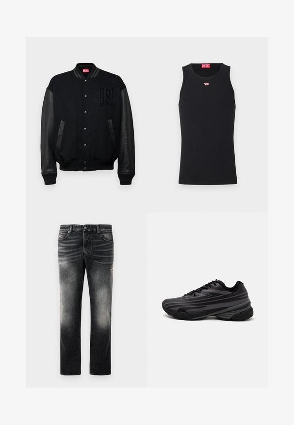Fekete egyetemi kabát gyapjú testtel, bőr ujjakkal, elől patentgombokkal, és "DSL" hímzéssel a mellkason. Bordás mandzsetta és szegély.; Fekete ujjatlan trikó sima anyagból, kerek nyakrésszel, karöltőkkel és egy kis vörös logóval a mellkason. Egyszerű dizájn, ujjatlan.; Fekete farmernadrág, amely elhasználódott hatású és kopott részletekkel rendelkezik, klasszikus öt zsebes dizájnnal és cipzáras záródással. Denim anyagból készült.; Fekete futócipő texturált felsőrésszel, szürke csíkokkal. Vastag talp a párnázottságért, kerek orr, és lapos fűzők a biztos illeszkedés érdekében.