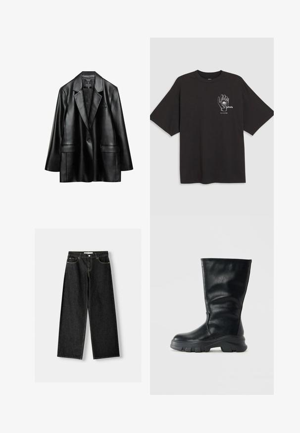 Blazer in ecopelle nera con revers a punta, chiusura con un bottone e due tasche frontali, caratterizzato da una texture liscia e lucida.; T-shirt in cotone nero con maniche corte, che presenta una grafica a mano e la scritta "Levi's LA LUNE" in bianco nella zona sinistra del petto.; Jeans larghi in denim nero con cinque tasche, chiusura con bottone metallico e zip, e cuciture gialle a contrasto lungo le cuciture.; Stivale in pelle nera a metà polpaccio con suola spessa a coste e punta rotonda, mostrato di lato su uno sfondo chiaro e semplice.