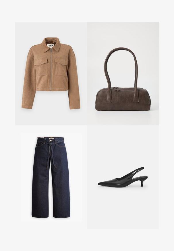 Veste cropped marron en daim doux avec des manches longues, une fermeture éclair et deux poches poitrine. Présente des accents de couture visibles.; Pull noir côtelé à manches longues avec un col rond et une silhouette ajustée, présentant une texture lisse sur toute la surface.; Jeans en denim bleu foncé à jambes larges, avec une taille haute, dotés d'un lien à cordon, de cinq poches et de détails de couture contrastants.; Chaussure slingback en cuir noir avec un bout pointu et un talon fin et incurvé. Dispose d'une sangle ajustable discrète avec une boucle en métal.; Sac à main en cuir marron avec deux poignées robustes, de forme rectangulaire, texture lisse et fermeture zippée. Design minimaliste sans motifs visibles.