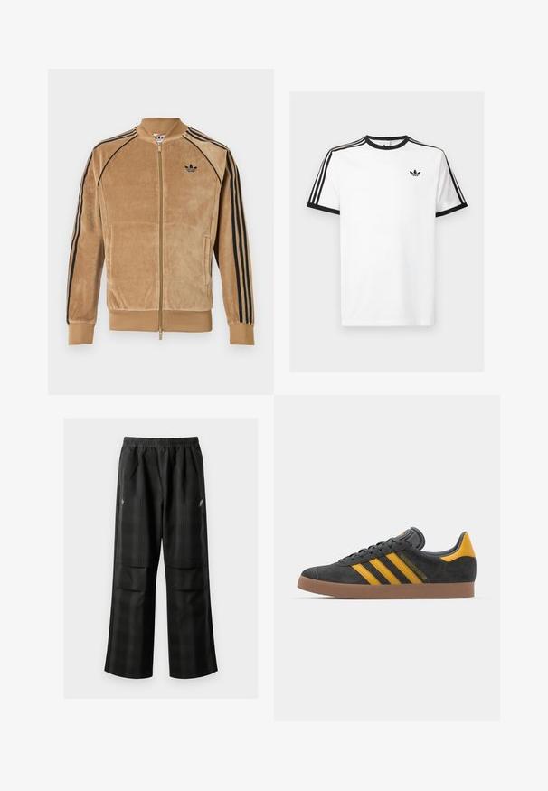 Zīda zamšādas jakas ar rāvējslēdzēju gaismas brūnā krāsā, ar melnām sānu svītrām, ribotām aprocēm un izšūtu logo uz kreisā krūtīm.; Balts kokvilnas t-kreklis ar melnu ribotu kaklu un piedurknēm, kuram uz katra pleca ir trīs melnas svītras un neliels logo krūtīs.; Melnas kvadrātveida bikses ar elastīgu jostu, divām priekšējām kabatām un brīvu piegriezumu ar taisnām kājām. Izgatavotas no viegla materiāla.; Melnas zamšādas kedas ar dzelteniem akcentiem, kurām ir trīs svītras un brūna gumijas zole. Iekļauta mīksta valkāšanas tongue komfortam.