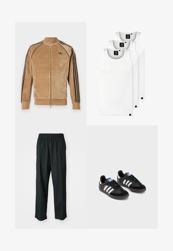 Žametna zip-up jakna v svetlo rjavi barvi, s črnimi stranskimi črtami, rebrastimi manšetami in izvezenim logotipom na levem prsnem delu.; Tri bele rebraste majice brez rokavov iz bombaža. Imajo okroglo izreza in majhne črne etikete blizu roba. Na voljo v več velikostih.; Crne športne hlače z elastiko v pasu, narejene iz gladkega materiala, z diskretnim stranskim šivanjem in ohlapnim krojem ter ravnimi nogavicami.; Črne športne copate z zgornjim delom iz semiša in sintetičnih materialov, ki imajo tri bele črte, teksturiran gumijast podplat in modro označevalno oznako na jeziku.