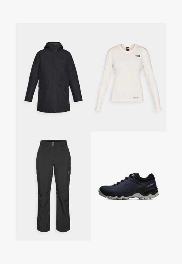 Black waterproof jacket with a hood, snap buttons, two front pockets, and a minimalist design. Features a small logo on the chest.; The North Face SHADOW LONG SLEEVE - Long sleeved top - white dune; Black outdoor pants with a straight cut, featuring a button closure, zippered side pockets, and a logo patch on the left thigh.; Men's Mammtut footwear in dark navy with a textured surface, reinforced toe, breathable mesh accents, and a rugged gray outsole design.