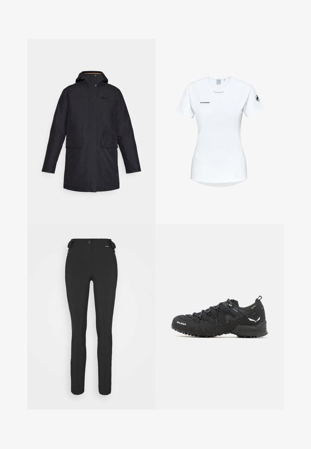 Veste noire imperméable avec capuche, boutons-pression, deux poches avant et un design minimaliste. Présente un petit logo sur la poitrine.; T-shirt de sport à manches courtes, blanc, avec un col rond, arborant un logo sur la poitrine et une texture de tissu lisse et léger.; Pantalons noirs ajustés en matériau flexible. Les caractéristiques comprennent une poche latérale zippée, des genoux articulés et une texture lisse.; Chaussures de randonnée noires avec une tige en tissu texturé, un système de laçage et une semelle en caoutchouc robuste. Agrémentées de détails réfléchissants et de logos.