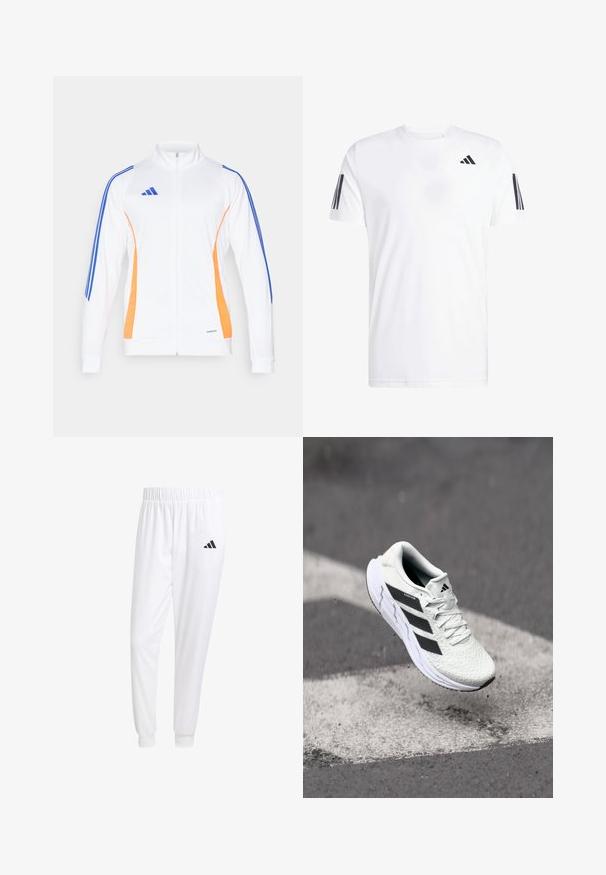 Weiße Zip-up Jacke mit orangefarbenen und blauen Seitenstreifen, Stehkragen und gerippten Bündchen. Hergestellt aus glattem, leichtem Material.; Weißes T-Shirt aus Stoff mit kurzen Ärmeln, Rundhalsausschnitt und drei schwarzen diagonalen Streifen an jedem Ärmel. Dezentes Logo auf der Brust.; Weiße Sporthose aus glattem Stoff, mit einem elastischen Bund und enganliegenden Bündchen, mit einem schwarzen Logo auf der Gesäßtasche.; Weiße Sportschuh mit strukturiertem Mesh-Obermaterial, schwarzen Streifen, Schnürverschluss und gepolstertem Sohlen, schwebt über einer markierten Straßenoberfläche.