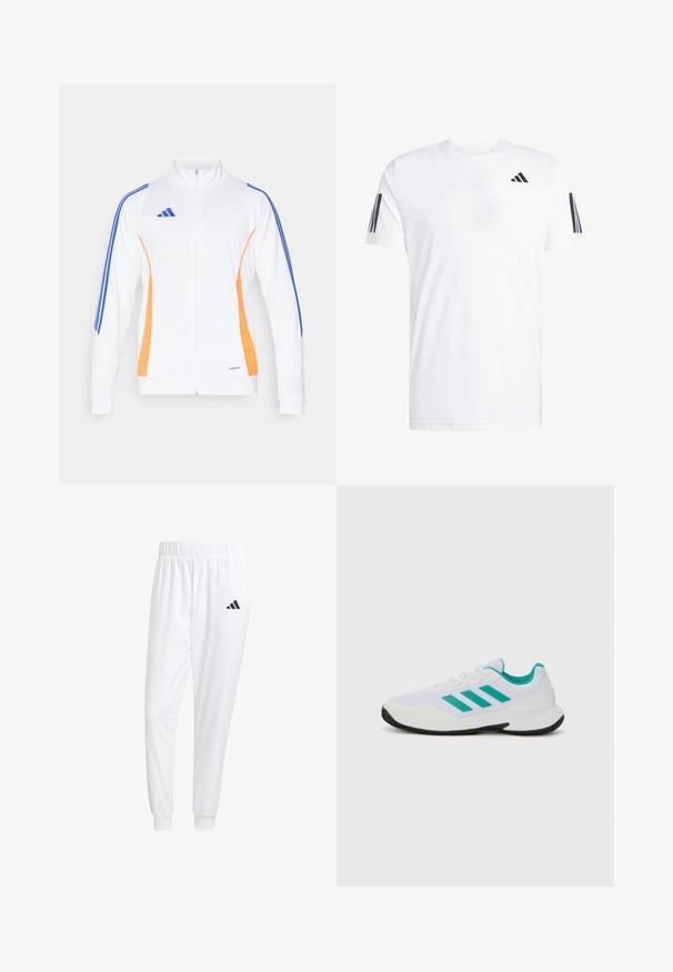 White zip-up jacket featuring orange and blue side stripes, a stand collar, and ribbed cuffs. Made of smooth, lightweight material.; White t-shirt made of fabric featuring short sleeves, crew neck, and three black diagonal stripes on each sleeve. Subtle logo on chest.; White athletic pants made of smooth fabric, featuring an elastic waistband and fitted cuffs, with a black logo on the back pocket.; White athletic shoe with turquoise accents, mesh upper, three parallel stripes on the side, structured heel, and a black rubber sole.