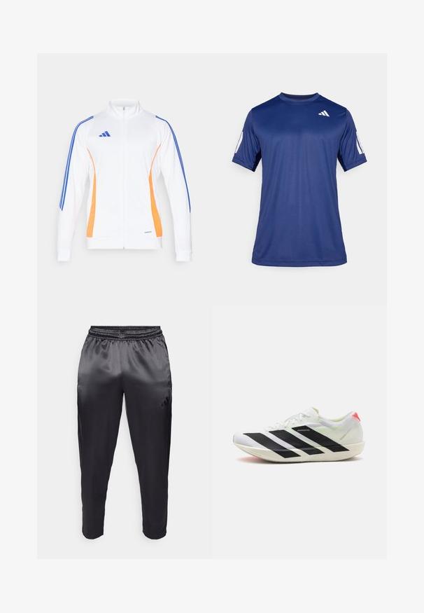 Hvit zip-up jakke med orange og blå sidelister, stående krage og ribbede mansjetter. Laget av glatt, lett materiale.; Marineblå, kortermet treningstrøye laget av glatt stoff, med rund hals og en hvit logodetalj på øverste venstre bryst.; Svarte treningsbukser laget av glatt, lett stoff med elastisk midjebånd. Har en liten logo på venstre side og avsmalnende ben.; Hvit idrettssko med svarte diagonale striper, lett mesh-materiale, grønne detaljer og rød hælflikk; har et strømlinjeformet, forlengt design.