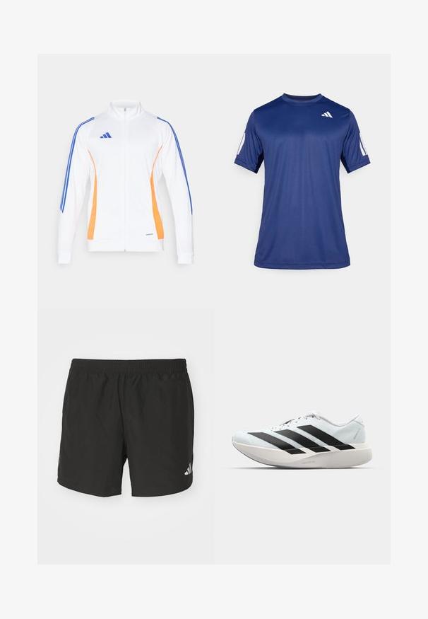 Balts zip-up jakas ar oranžām un zilām sānu svītrām, stāvošu apkakli un ribotām aprocēm. Izgatavots no gludas, vieglas auduma.; Navy zila īsām piedurknēm sporta krekls, kas izgatavots no gludas auduma, ar apaļu kakla izgriezumu un baltu logotipa detaļu kreisajā augšējā krūtīs.; Melnas sporta bikses ar elastīgu jostu, sānu šķeltnēm un atstarojošiem logo akcentiem. Izgatavotas no viegla, gluda auduma.; Gaiši zili vieglie skriešanas apavi ar melniem svītrainiem. Iezīmēti ar gludu augšpusi, apaļu purngalu un biezāko balto vidējo zoli, kurā ir uzraksts "LIGHTSTRIKE PRO."