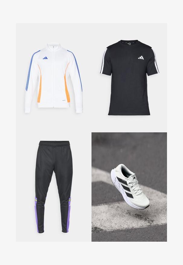 Jachetă albă cu fermoar, având dungi laterale portocalii și albastre, guler în picioare și manșete ribbate. Fabricată dintr-un material neted și ușor.; Tricou negru din bumbac, cu mâneci scurte, având dungi albe pe umeri și un logo alb pe pieptul stâng.; adidas Performance SQUADRA25 TRAINING PANT - Pantaloni de trening - black/purple rush; Adidași albi cu partea superioară din plasă texturată, dungi negre, închidere cu șireturi și talpă căptușită, levitând deasupra unei suprafețe de drum marcate.