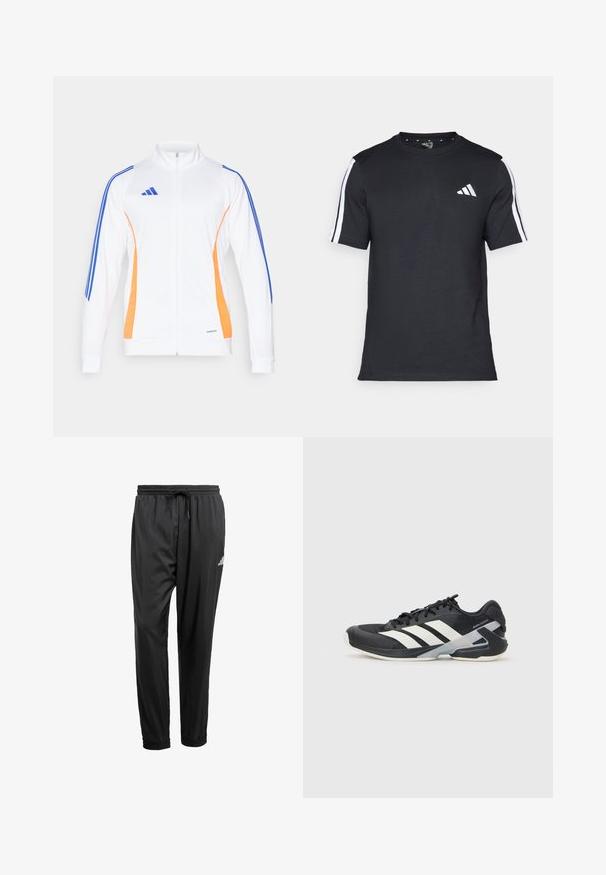 Witte zip-up jack met oranje en blauwe zijstrepen, een hoge kraag en geribde manchetten. Gemaakt van soepele, lichte stof.; Zwarte T-shirt van katoen met korte mouwen, met witte strepen op de schouders en een wit logo op de linkerkant van de borst.; Zwarte sportbroek met elastische tailleband, trekkoord, aangesloten enkels en een klein wit logo op de rechterdij.; Zwarte sportschoen met witte strepen, bovenwerk van mesh, ronde neus en geveerde zool. Heeft een getextureerde hak en een veilig vetersysteem.