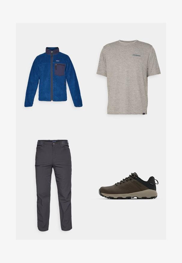 Sinine fliisjakker, millel on tekstuuriga pind, kõrge krae, eesmine lukukinnitus ja tumesinine rinnatasku. Ülaservas on logo.; Hall tootega hall T-särk lühikeste varrukatega, pehmest tekstuuriga kangast, millel on vasakul rinnal väike sinine Patagonia logo. Täiendavaid mustreid pole.; Tumed hallid püksid, mis on valmistatud vastupidavast kangast, varustatud lukuga tasku, sirge lõikega ja vööaasadega, et sobivust kohandada.; Kohandatud veekindlad pruunid spordijalatsid tekstuuriga pealisega, perforatsioonidega detailid, must kandetoetav osa ja hall kummine sisetald. Paelad on metallist otstega.