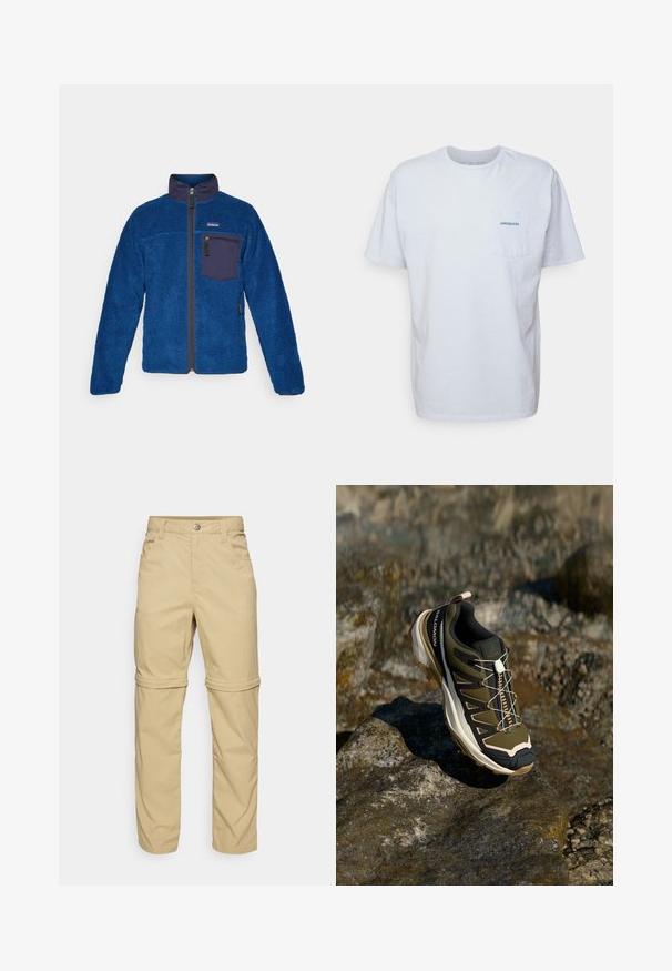 Μπλε φλις ζακέτα με υφασμάτινη επιφάνεια, ψηλό γιακά, μπροστινό φερμουάρ και ναυτικό τσέπη στο στήθος. Περιλαμβάνει λογότυπο στο επάνω αριστερό μέρος.; Λευκό βαμβακερό t-shirt με κοντά μανίκια, στρογγυλή λαιμόκοψη και τσέπη στο αριστερό στήθος με το μπλε λογότυπο "Patagonia". Κλασική εφαρμογή με ομαλή υφή.; Μπεζ παντελόνια με φερμουάρ που έχουν λεία υφή, διαθέτουν δύο πλαϊνές τσέπες, κλείσιμο με κουμπί και μανσέτες που αναδιπλώνονται για μεγαλύτερη ευελιξία.; Πεζοπορικά παπούτσια σε ελιά πράσινο και μαύρο χρώμα με ροζ λεπτομέρειες. Διαθέτουν υφή στην επάνω πλευρά, ευέλικτη σόλα, ενισχυμένη λοξότμητη μύτη και πολύχρωμο σύστημα κορδονιών.