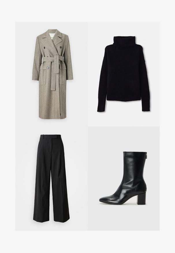 MAX&Co. LAMBRO - Klasični plašč - hanf; Črna, debela pletena pulover z visokim, rebrastim turtleneckom in dolgimi rokavi. Mehka tekstura, ravna obroba in brez vidnih vzorcev ali okrasnih elementov.; Črne široke hlače narejene iz gladkega materiala z visokim pasom, z dvema sprednjima gubama in krojem, ki je prilagojen.; Črne usnjene gležnjarje s koničastim nosom in 4 cm širokim peto. Elegantna zasnova vsebuje stranski zadrgo za enostavno obuvanje. Gladka tekstura.