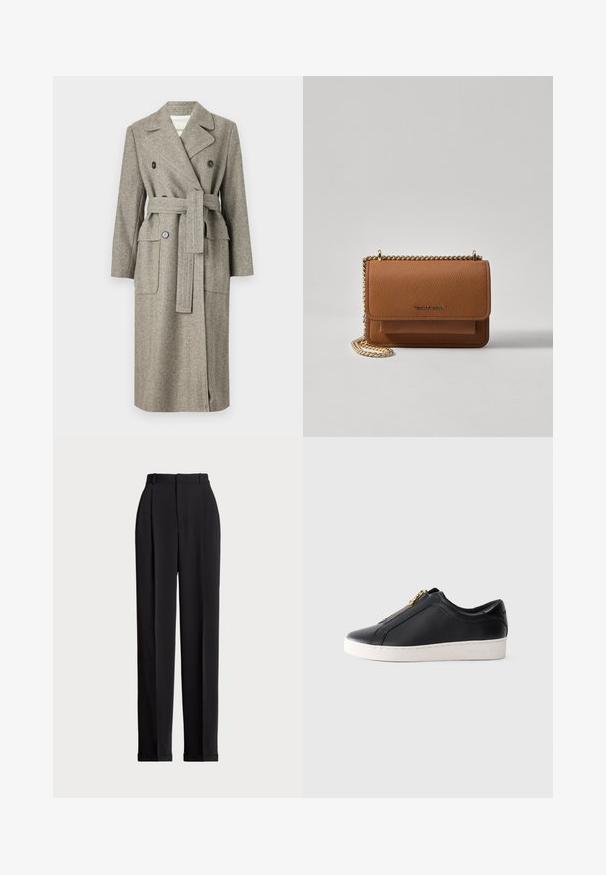 MAX&Co. LAMBRO - Classic coat - hanf; Black sleeveless cotton sweater with a round neckline. Features a small white logo on the lower left corner and ribbed trim.; Black tailored trousers with a high waist, featuring pleats at the front, a straight leg design, and a cuffed hem. Made from smooth fabric.; Black low-top leather sneaker with white sole and gold zipper closure, side view, minimalist style on plain background.; Brown textured leather crossbody bag with gold chain strap and flap closure. Front features logo detail and a pocket under the flap.