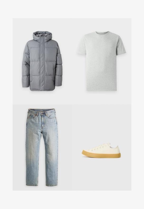 Pilkas paminkštintas chalatas su aukšta apykakle, priekiniais užtrauktukais ir šoninėmis kišenėmis. Ypač išskirtinis jojamos medžiagos raštas ir lygus, matinis paviršius.; Šviesiai pilka trumpomis rankovėmis marškinėliai su apvaliu kaklu, pristatyti baltoje fone, matomi iš priekio, be jokių matomų logotipų ar dizaino.; Šviesiai mėlynos džinsinės kelnės su aukštu liemeniu, priekyje mygtukas, užtrauktukas ir penkių kišenių dizainas, išklotos ant neutralios fono.; Oficio drobės sneakeriai baltai kreminės spalvos, su apvaliu galiuku, su smėlio spalvos guminiais padais ir penkiomis skylėmis raištams, turintys tekstūruotą viršutinę dalį.