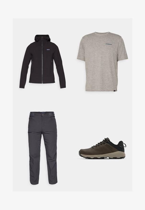 Black zip-up jacket with a hood, featuring a textured fabric, two side pockets, and a small logo on the upper left chest.; Gray short-sleeve t-shirt made of soft, textured fabric featuring a small blue Patagonia logo on the left chest. No additional patterns.; Dark gray trousers made of durable fabric, featuring a zippered pocket, straight cut, and belt loops for adjustable fit.; Brown waterproof sneakers with a textured upper, perforated accents, black heel support, and a grey rubber sole. Laces are styled with metallic ends.
