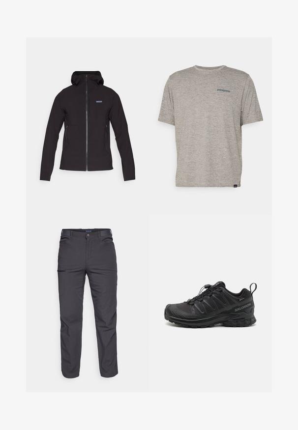 Black zip-up jacket with a hood, featuring a textured fabric, two side pockets, and a small logo on the upper left chest.; Gray short-sleeve t-shirt made of soft, textured fabric featuring a small blue Patagonia logo on the left chest. No additional patterns.; Dark gray trousers made of durable fabric, featuring a zippered pocket, straight cut, and belt loops for adjustable fit.; Black athletic shoe with a textured synthetic upper, cushioned sole, and a quick-lacing system. Features a reinforced toe and heel.