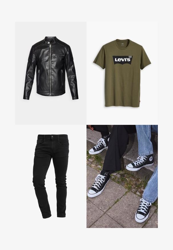 Black leather jacket with a stand collar, zippered front, and side pockets. Textured shoulder panels and slim fit design.; Olive green cotton t-shirt featuring a large black Levi's logo in a contrasting semi-arched shape across the chest. Regular fit.; Slim-fit black jeans with front pockets, belt loops, button closure, and slight creasing along the legs.; Black high-top canvas sneakers with white rubber soles and laces, featuring a circular logo on the side and paired with denim and black pants.