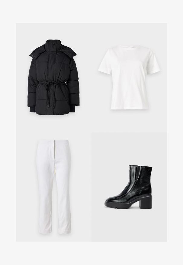 Giubbotto puffo nero con colletto alto, vita con coulisse e polsini a costine. Presenta bottoni a pressione e una texture trapuntata su tutta la superficie.; T-shirt bianca in cotone con maniche corte, scollatura rotonda e vestibilità rilassata. Struttura liscia, senza motivi né accenti, design minimalista.; Pantaloni bianchi in cotone con design a gamba dritta, caratterizzati da una vita a media altezza e senza hardware o motivi visibili. Tessuto liscio su tutta la superficie.; Stivali alla caviglia in pelle verniciata nera con punta curva, pannelli laterali elasticizzati e tacco robusto. Presentano un logo impresso sul retro.