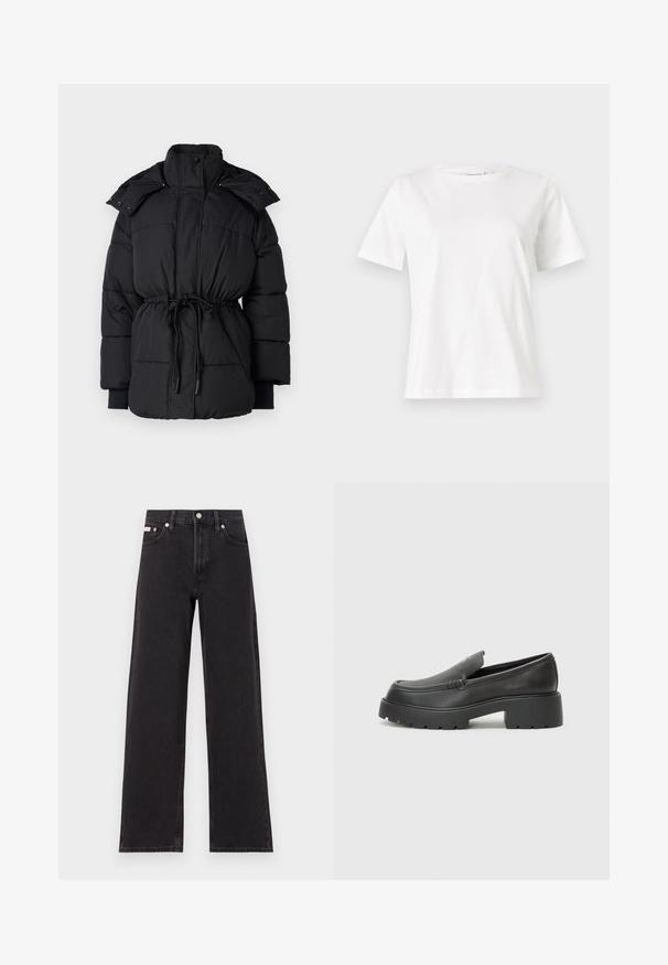 Black puffer jacket with a high collar, drawstring waist, and ribbed cuffs. Features snap buttons and a quilted texture throughout.; White cotton t-shirt with short sleeves, round neckline, and a relaxed fit. Smooth texture, no patterns or accents, minimalistic design.; Black wide-leg jeans made of denim, featuring a high-rise waist, five-pocket styling, and a metal button closure with contrasting stitching.; Black leather loafers with a rounded toe, thick textured sole, and minimal stitching details. Sleek design with no visible laces or hardware.