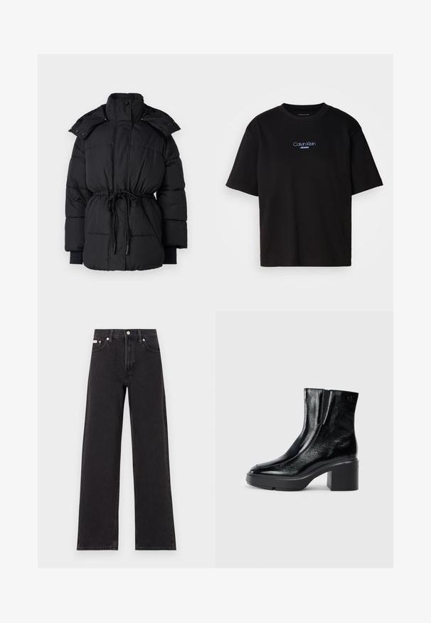 Black puffer jacket with a high collar, drawstring waist, and ribbed cuffs. Features snap buttons and a quilted texture throughout.; Black cotton t-shirt with a round neck, short sleeves, and blue embroidered "Calvin Klein JEANS" logo on the front.; Black wide-leg jeans made of denim, featuring a high-rise waist, five-pocket styling, and a metal button closure with contrasting stitching.; Black patent leather ankle boots with a curved toe, elastic side panels, and a chunky block heel. Features embossed logo on the back.