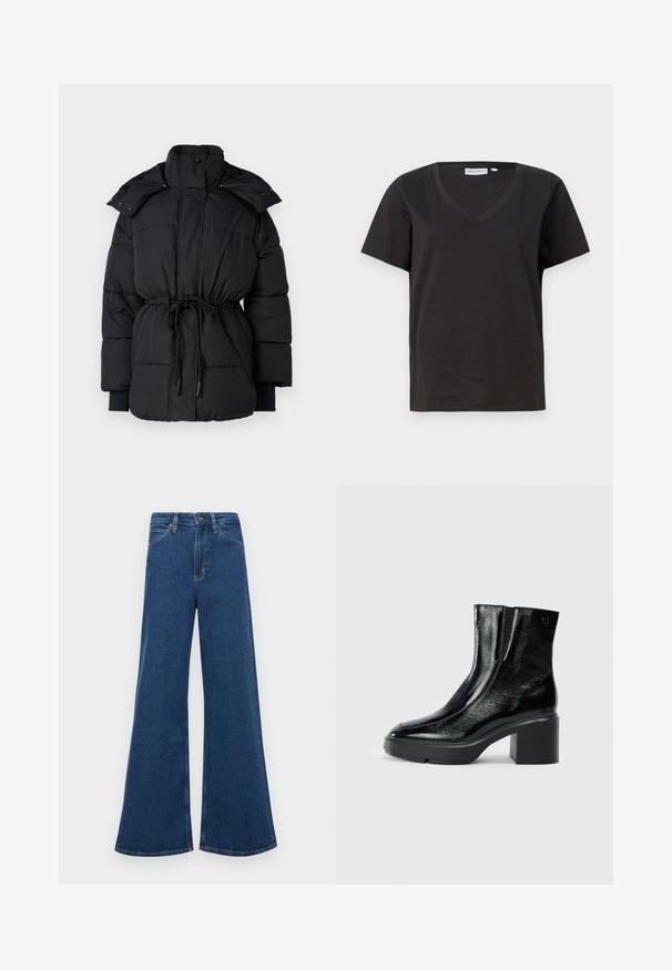 Juodas pūkuotas paltas su aukštu apykakle, raišteliu juosmeniui ir banguotais rankogaliais. Įrangos mygtukai ir dygsniuota tekstūra visame plote.; Juodas medvilninis marškinėlis su V formos iškirpte ir trumpomis rankovėmis. Paprastas dizainas, reguliaraus kirpimo, be raštų ar akcentų.; Mėlynos džinsinės plačios kelnes su aukštu juosmeniu, turinčios penkias kišenes, mygtukų užsegimą ir kontrastingą siuvinėjimą siūlėse.; Juodi lakiniai auliniai batai iki kulkšnies, su išlenktu pirštu, elastinėmis šoninėmis panelėmis ir masyviu blokuotu kulnu. Apdailoje užpakalinėje dalyje įspaustas logotipas.