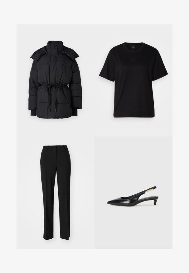 Melnā pūkainā jaka ar augstu apkakli, aukliņu viduklī un ribotām aprocēm. Iezīmējas ar pogām ar spiedpogu un siltinātu tekstūru visā virsmā.; Melna kokvilnas T-krekls ar apaļu izgriezumu, īsām piedurknēm un izšūtu logotipu uz krūtīm. Vienkāršs, brīvs piegriezums bez rakstiem.; Melnas pielāgotas bikses ar taisnu kāju dizainu, kas raksturojas ar gludu faktūru un asiem krokām pa priekšu. Nav redzamu metāla detaļu.; Melnas ādas slingback zābaki ar smailu purngalu, ar šauru papēdi un zelta krāsas akcentu uz regulējama siksniņas. Gluda tekstūra.