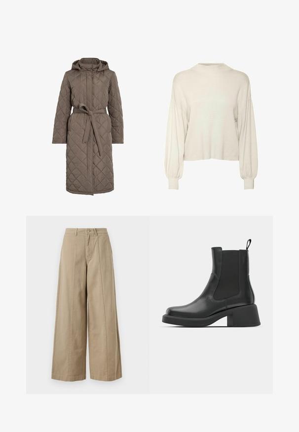 Prošívaný dlouhý kabát v tlumené hnědé barvě, s kapucí, páskem v pase a diagonálním vzorem prošití. Vyroben z hladkého, polstrovaného materiálu.; Světle krémový, zkrácený svetr s ribovanou texturou, dlouhými nadýchanými rukávy a vysokým výstřihem. Měkká látka s uvolněným střihem.; Světle béžové kalhoty s širokými nohavicemi vyrobené z pevné bavlny, s knoflíkovým zapínáním, poutky na opasek a hladkým předním skladem bez viditelných kapes.; Černé kožené kotníkové boty s elastickými bočními panely, kulatou špičkou a silným blokovým podpatkem. Hladká textura s minimalistickým designem.