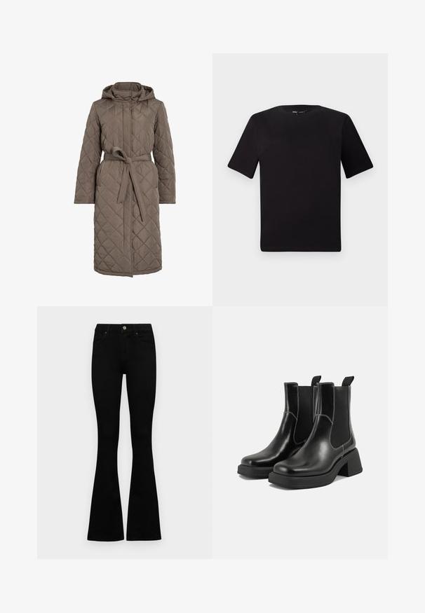 Quiltet lang jakke i dempet brun, med hette, belte i midjen og diagonale sømmer. Laget av et glatt, polstret materiale.; Svart t-skjorte med korte ermer og rund hals, laget av mykt bomullsstoff. Enkelt design, ingen synlige logoer eller mønstre.; Sorte høytlivsjeans med knapp og glidelås, frontlommer og utsvingte bein liggende flatt på en hvit bakgrunn.; Sorte lær Chelsea støvler med en kraftig hæl, elastiske sidepaneler og kontrasterende hvid syning. Teksturert overflate.