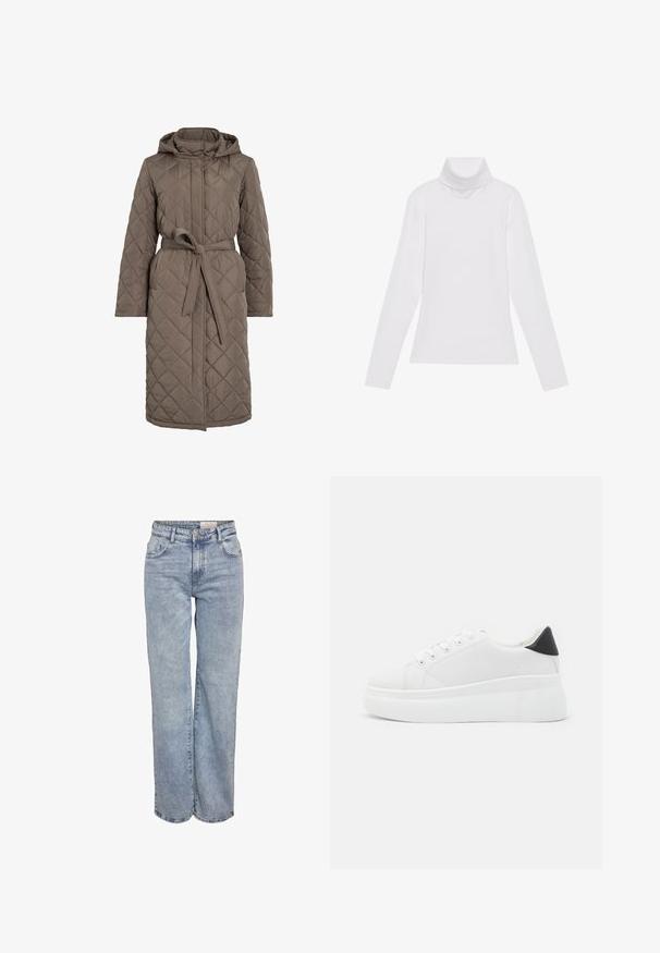 Prošívaný dlouhý kabát v tlumené hnědé barvě, s kapucí, páskem v pase a diagonálním vzorem prošití. Vyroben z hladkého, polstrovaného materiálu.; Bílý dlouhý rukáv rolák vyrobený z hladkého, elastického materiálu. Má vysoký límec a přiléhavý střih, bez viditelných vzorů nebo ozdob.; Světle modré široké džíny vyrobené z denimové tkaniny, s vysokým pasem, designem se šesti kapsami a jemným zesvětlením pro opotřebovaný vzhled.; Bílé platformové tenisky vyrobené z hladkého syntetického materiálu, s kulatou špičkou, šněrováním a texturovanou gumovou podrážkou. Černý akcent na patě.