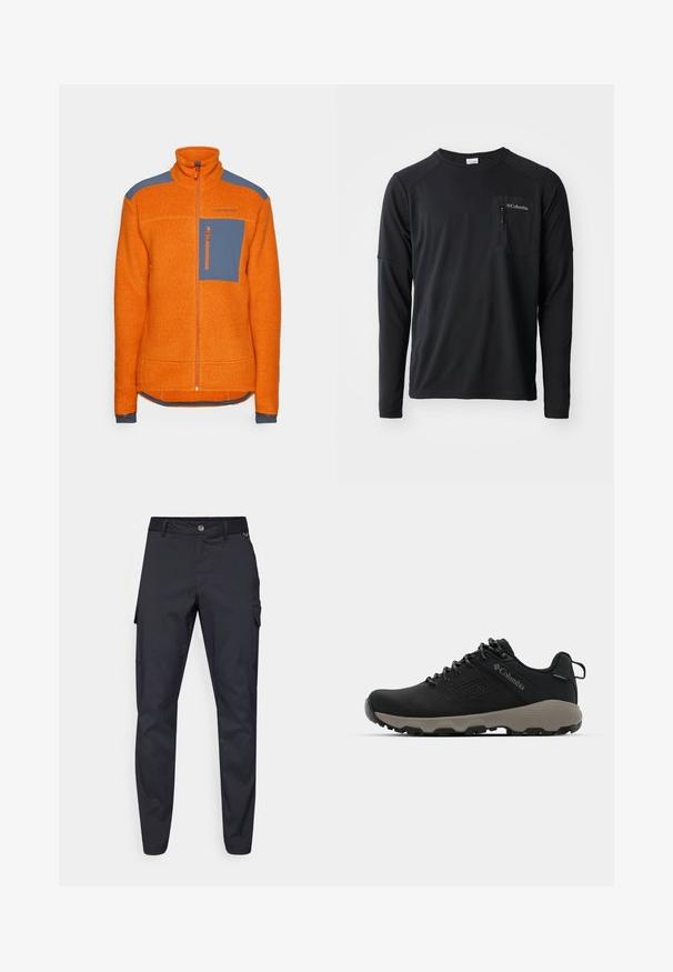 Narancssárga poláros dzseki magas gallérral, kék vállrész kiemelésekkel, cipzáras mellzsebbel és bordázott mandzsettákkal. Az anyag texturált.; Columbia COLUMBIA TECH™ LONG SLEEVE CREW - Hosszú ujjú felső - black; Tengerészeti cargo nadrág tartós anyagból, gombos záródással, öt zsebbel és enyhén texturált, tapered lábakkal.; Fekete túrabakancs sima felsőrésszel, perforált dizájnnal, szürke talppal és megerősített sarkal. Fűzővel és húzószalaggal van ellátva a könnyű felvétel érdekében.