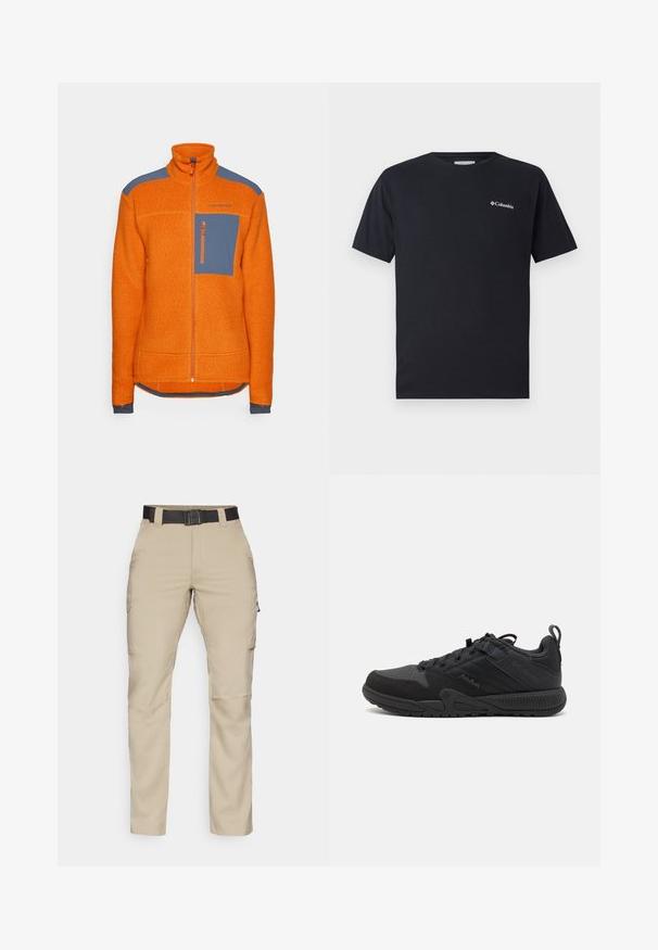 Oranžová fleecová bunda s vyšším golierom, modrými ramennými akcentmi, zipsovým vreckom na hrudi a rebrovanými manžetami. Textúrovaná tkanina po celom povrchu.; Čierne tričko s krátkym rukávom vyrobené z bavlny, s malým bielym logom Columbia na ľavej hrudi. Klasický okrúhly výstrih a voľný strih.; Béžové cargo nohavice s viacerými vreckami, čierny nastaviteľný opasok a rovný strih. Vyrobené z ľahkej a odolnej tkaniny.; Čierna atletická topánka s vrchnou časťou z textilu a semišu, s vystuženými časťami, zaoblenou špičkou, textúrovanou podrážkou a vytiahnuťom na päte.