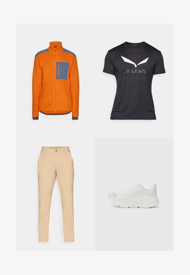 Orange fleece jacket with a high collar, blue shoulder accents, a zippered chest pocket, and ribbed cuffs. Textured fabric throughout.; Black short-sleeve T-shirt with a large white logo resembling wings and the word "SALEWA" in gray underneath. Smooth fabric texture.; Beige cargo pants featuring a button closure, slim fit, side pockets, and a smooth cotton blend fabric. No visible patterns or accents.; White running shoe with a textured upper, prominent logo, padded collar, and chunky sole for cushioning. Smooth finish and minimal accents.