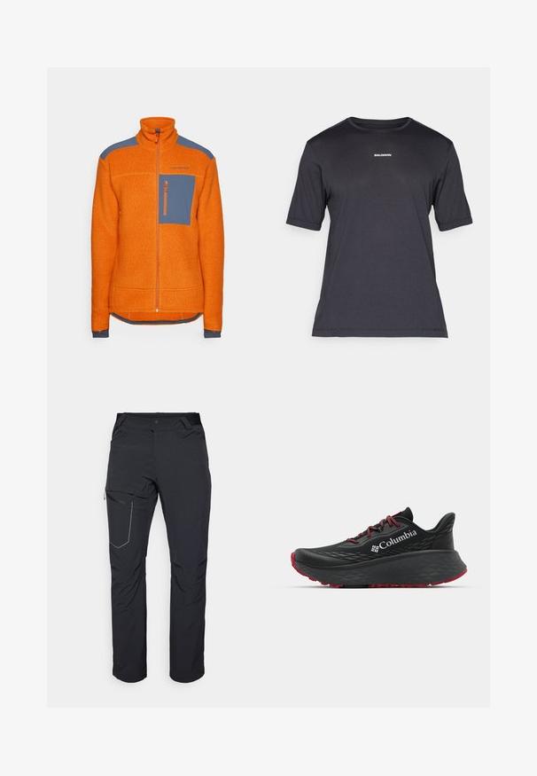 Orange fleecejacka med hög krage, blå axelaccenter, en ficka med dragkedja på bröstet och ribbade ärmslut. Strukturerad tyg över hela.; Svart kortärmad prestandatröja i andningsbart material, med rund halsringning och liten vit "SALOMON"-logotyp på bröstet.; Svarta utomhusbyxor med en zippered lårficka, elastisk midja och ett slätt, vattenavvisande tyg. Ren design utan synliga logotyper.; Svart sportskor med strukturerad ovandel, röda snören och logotyp. Tjock sula med mönstrad slitbana för bra grepp. Minimalistisk design, sidovy.