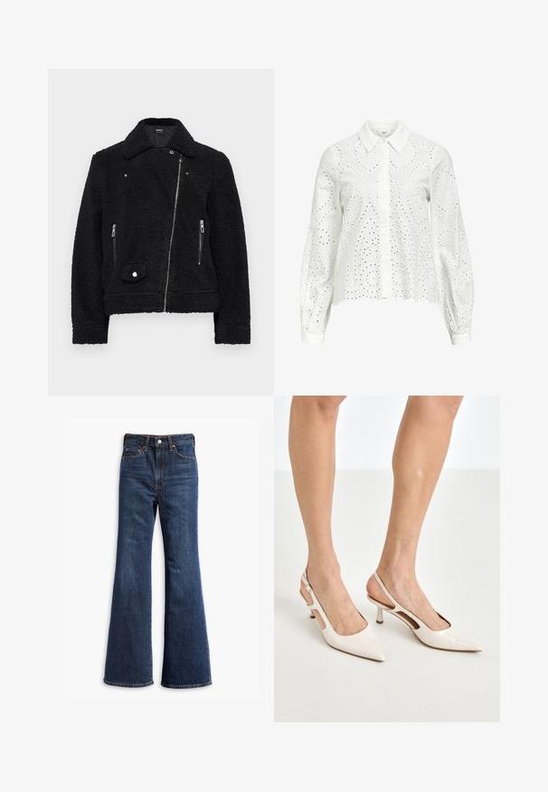 Mustmust mustrihaga, millel on krae, lukuga eesmine osa, kaks küljetaskut ja nupuga detail alumisel vasakul küljel.; Valge pikakäine särk, millel on kraed, paisleimustriga silmadega tikandid ja ettepoole nupud.; Kõrgelt talje sinised teksapüksid, flöödid säärtedega, ees nupuga ja tõmbluku sulgemine ning viie-tasku disain.; Beesek patentnaha slingback kontsad 5 cm kontsaga, millel on terav nina ja lõigatud külgedega ning õhuke pahkluu rihm.