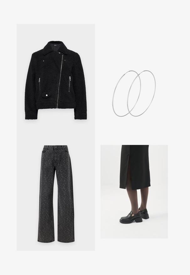 Mustmust mustrihaga, millel on krae, lukuga eesmine osa, kaks küljetaskut ja nupuga detail alumisel vasakul küljel.; Kuldse osaga särg hõlmadega helesegustes. Omab klassikalist krae, pikki varrukaid ja läikivat pärlite detaili, mis annab tekstuurse välimuse.; Noisy May NMJANNEL LOOSE - Avar lõikega teksad - black denim; Mustad mustad jalatsid ümmarguse varbaga, paksu plokkniidi ja elastsete külgdetailidega, kombineeritud tumedate sukkade ja musta lõhikuga seelikuga.; Hõbedased rõngastikkaehingad minimalistlikus disainis. Ümar kuju, sile tekstuur ja õhuke profiil. Kerged ning poleeritud viimistlusega.