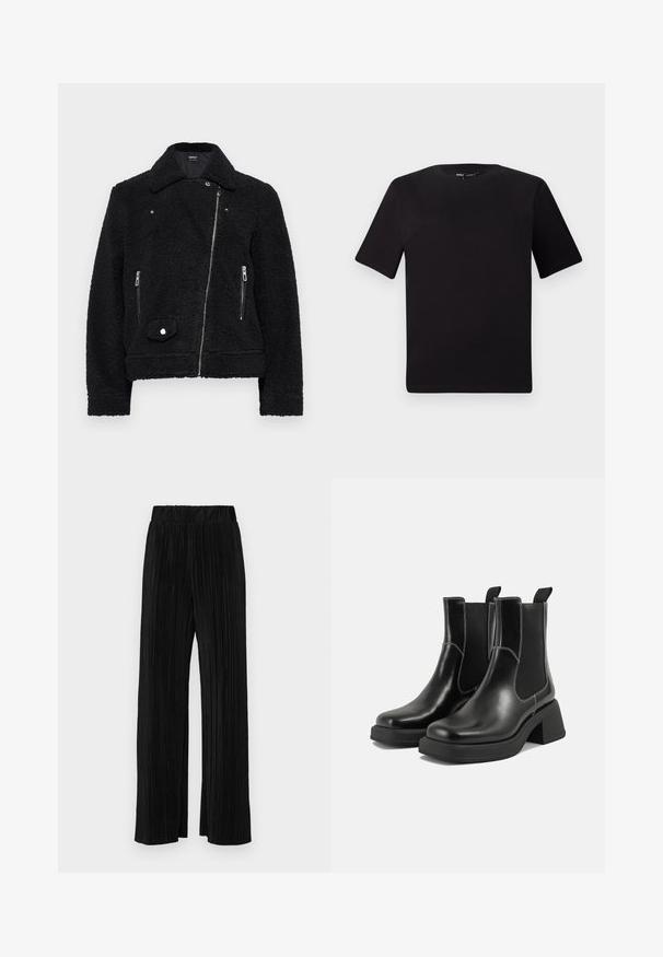 Black faux shearling jacket with a collar, zippered front, two side pockets, and a snap-button detail on the lower left.; Black short-sleeve t-shirt with a round neckline, crafted from soft cotton fabric. Simple design, no visible logos or patterns.; Black pleated trousers with an elastic waistband. Features wide legs and a smooth, textured fabric with vertical stripes.; Black leather Chelsea boots with a chunky heel, elastic side panels, and contrasting white stitching. Textured finish.