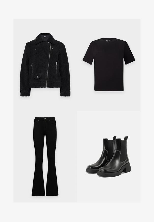 Melnā mākslīgā aitu ādas jaka ar apkakli, ar rāvējslēdzēju priekšā, divām sānu kabatām un pogu detaļu apakšējā kreisajā pusē.; Melnas īsām piedurknēm T-krekls ar apaļu kakla izgriezumu, izgatavots no mīksta kokvilnas auduma. Vienkāršs dizains, bez redzamām logo vai rakstiem.; Melni augsta jostas šorti ar pogu un rāvējslēdzēju, priekšējām kabatām un izplestām kājām, nolikti uz balta fona.; Melni ādas Čelsijas zābaki ar masīvu papēdi, elastīgām sānu panelēm un kontrastējošu balto šuvumu. Teksturēts apdare.