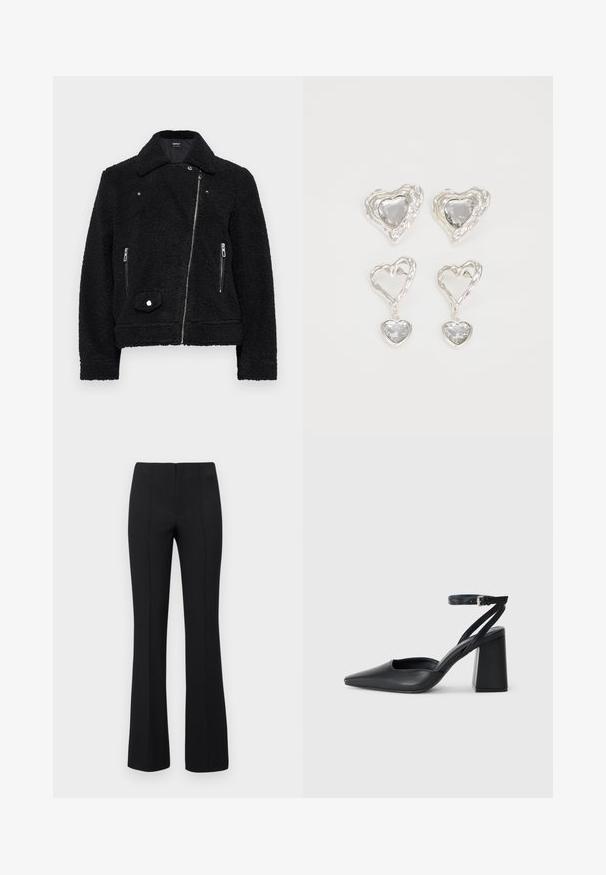 Juodas dirbtinės avikailio švarkas su apykakle, užtrauktuku priekyje, dviem šoninėmis kišenėmis ir snapeliu apacioje kairėje pusėje.; Juodas medvilninis marškinėliai su trumpomis rankovėmis, virš baltos ilgo rankovio sluoksnio, turinčio subtilų tekstūrinį raštą. Apvalus iškirpimas.; Juodos plačios kelnės su rausvos tekstūros ir prigludusia juosmens dalimi. Dizainas apima vertikalius siūlus, kad atrodytų elegantiškai. Nėra matomų detalių.; Juoda odinė smailiagalė aukštakulnio bateliai su kulkšnies dirželiu ir storu kulnu. Lygus paviršius, elegantiškas dizainas ir minimalistiška estetinė. ; Sidabrinės širdelės formos auskarai puošti facetuotais skaidriais akmenimis, su tekstūruotu rėmu. Rinkinį sudaro tiek auskarai-stud, tiek kabančios formos.