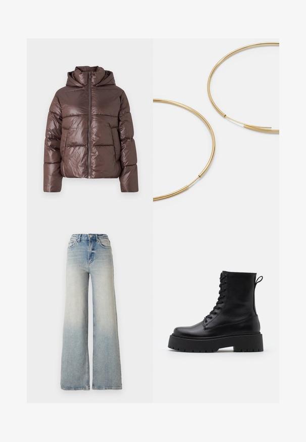 Hnědá péřová bunda s lesklým povrchem, zapínání na zip, vysoký límec a dlouhé rukávy. Polstrovaný design s horizontálním prošíváním.; Vero Moda VMNEWCREAM FUNNELNECK PULLOVER - Svetr - black/birch; Světle modré široké džínsy vyrobené z denimu, s vysokým pasem, pěti kapsami a viditelným švem podél švů.; Černé kožené kotníkové boty s kulatou špičkou, šněrováním na přední straně a silnou gumovou podešví s texturovaným vzorkem. S poutkem vzadu.; Zlaté kruhové náušnice, tenké a kulaté, s hladkým kovovým povrchem a bez zdobení či vzorů.
