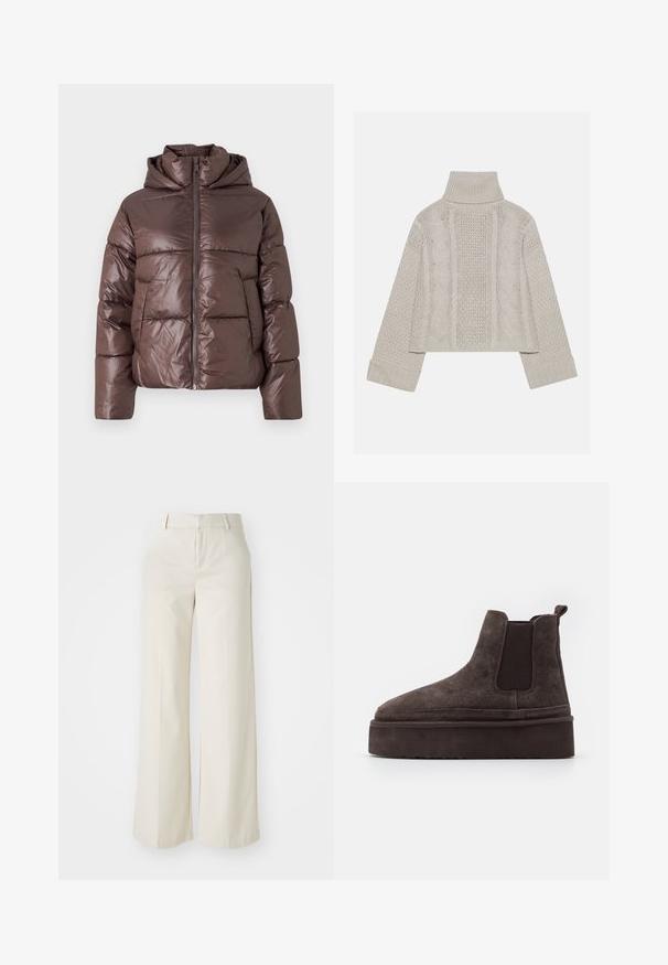 Pruun puuvillane jakki läikiva viimistlusega, lukuga kinnitamine, kõrge krae ja pikad varrukad. Sisetükk on polsterdatud ja sellel on horisontaalsed õmbluse detailid.; Lühendatud, heledast hallist kudumist valmistatud sviiter kõrge kraega ja ribidega mansettidega, millel on tekstuursed nööri mustrid seljal ja külgedel.; Laiad püksid helesbežis värvitoonis, valmistatud siledast kangast. Omavad klassikalist vööd ja siledat fronti puhaste joontega.; Pruunid suede Chelsea saapad elastsete külgpaneelidega ja paksu, tekstureeritud platvormitald. Omab kandmismugavuse jaoks kandaabi kandmisel.