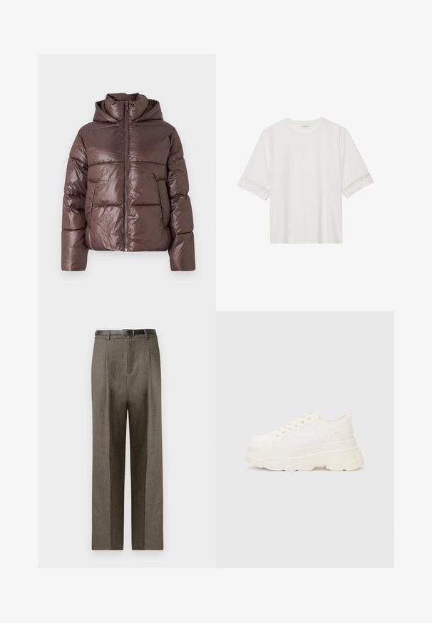 Brūna pūkainā jaka ar spīdīgu apdari, ar rāvējslēdzēju, augstu apkakli un garām piedurknēm. Pildīta konstrukcija ar horizontālām šuvju detaļām.; Balta īsām piedurknēm T-kreklu, izgatavotu no kokvilnas, ar dekoratīvu mežģīņu apdari ap piedurknēm un apaļu kakla izgriezumu.; Brūnas pielāgotas bikses ar taisnu griezumu, ar gludu tekstūru, jostas cilpām un plakanu priekšpusi.; Baltas kavu tenisa apavi ar masīvu zoli, apaļu purngalu un piecām acīm auklām. Aizmugures cilpa vieglai uzvilkšanai. Gluda tekstūra, minimāls dizains.